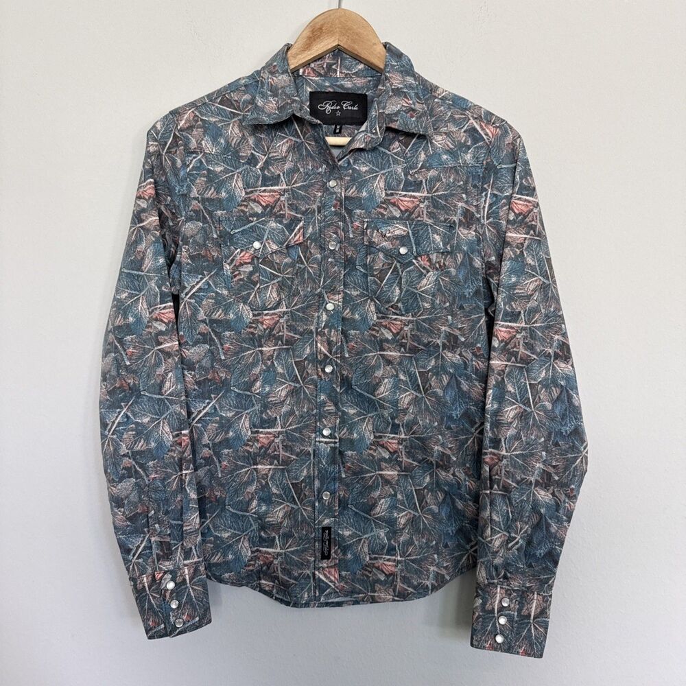 Rodeo Carte Western Pearl Snap Button Leaf Print Long Sleeve Shirt Women Medium
